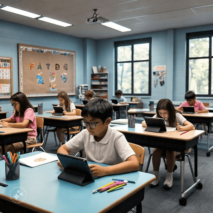 Students working in a classroom with AI technology